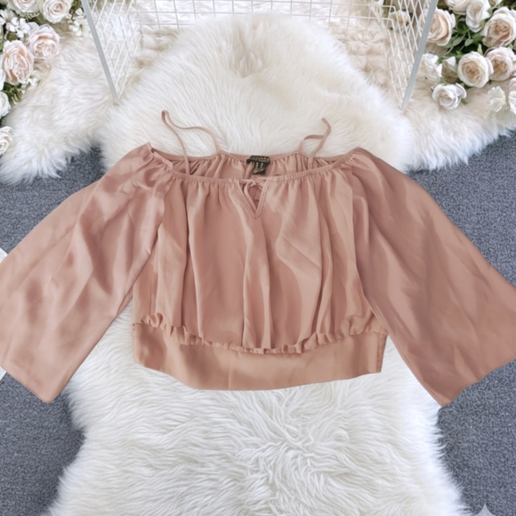 Blush Pink Cold Shoulder Bell Sleeve Smocked Crop Top - Picture 3 of 10